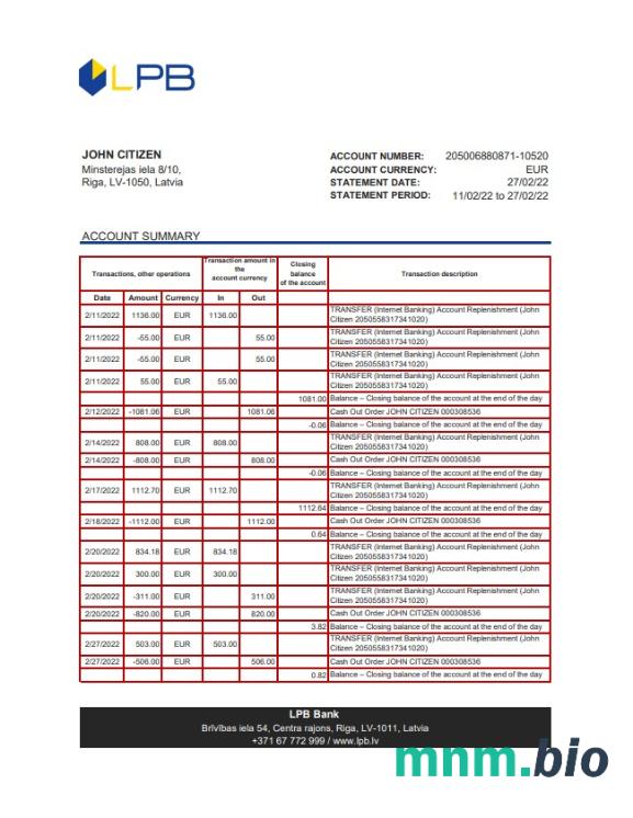 Łotwa wyciąg bankowy LPB Excel i szablon PDF